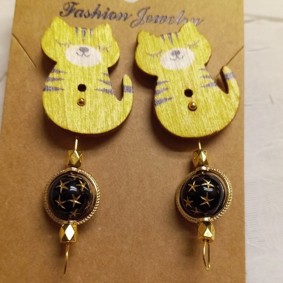Home Made Handmade Wood & Metal Cat Yellow & Black Button Earrings #49 - Picture 8 of 11